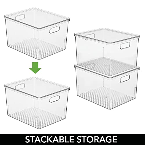 mDesign Large Plastic Stackable Kitchen Cabinet Storage Bin Box, Handles and Lid - Fridge, Cabinet, Counter Organizer for Snacks, Food, Drinks, or Supplies, Ligne Collection, 8 Pack, Clear