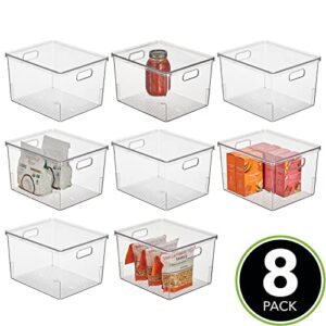 mDesign Large Plastic Stackable Kitchen Cabinet Storage Bin Box, Handles and Lid - Fridge, Cabinet, Counter Organizer for Snacks, Food, Drinks, or Supplies, Ligne Collection, 8 Pack, Clear