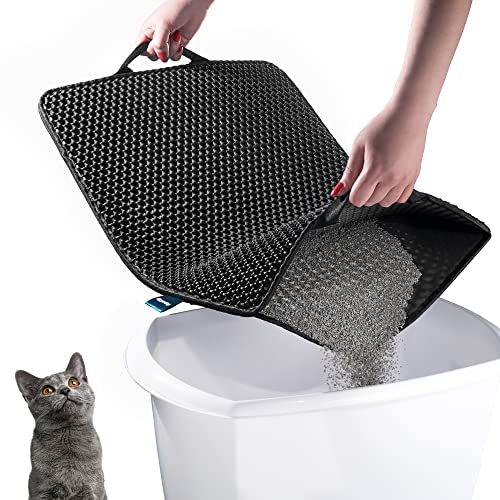 dipperdap Cat Litter Trapping Mat with Handles - Water Proof Material for Easy Cleaning - Dual Layer Honeycomb Design (24 x 30 in, Black)