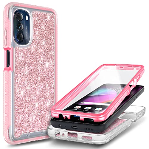 NZND Case for Motorola Moto G 5G (2022) with [Built-in Screen Protector], Full-Body Protective Shockproof Rugged Bumper Cover, Impact Resist Durable Phone Case (Glitter Rose Gold)