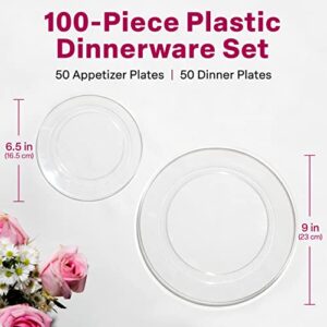 Aya's 100 Clear Plastic Plates Disposable, Premium Heavy-Duty Plastic Plates - 50 Plastic Dinner Plates 9" + 50 Salad, Dessert, Appetizer Plates 6.25" for Weddings - Disposable Clear Plates for Party