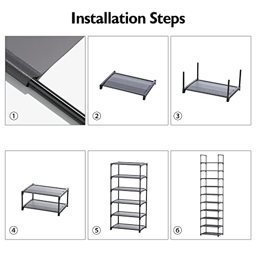 HODYANN 10 Tiers Shoe Rack, 20 Pairs Narrow Shoe Rack Organizer, Space Saving Non-Woven Fabric Metal Shoe Shelf, Stackable Large Shoe Rack for Closet (Black with Hook)