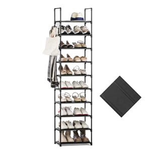 hodyann 10 tiers shoe rack, 20 pairs narrow shoe rack organizer, space saving non-woven fabric metal shoe shelf, stackable large shoe rack for closet (black with hook)
