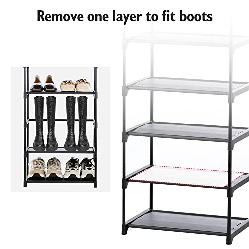 HODYANN 10 Tiers Shoe Rack, 20 Pairs Narrow Shoe Rack Organizer, Space Saving Non-Woven Fabric Metal Shoe Shelf, Stackable Large Shoe Rack for Closet (Black with Hook)