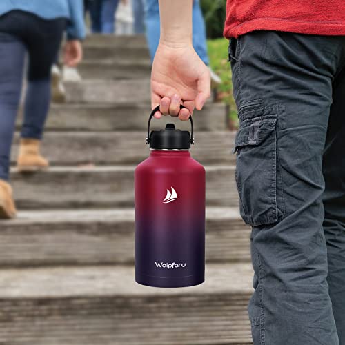 Waipfaru Half Gallon/64Oz Insulated Water Bottle, Stainless Steel Big Water Bottle with Straw, Double Wall Vacuum Wide Mouth Sports Water Jug Leakproof Carrying Pouch for Sports Gym Travel, Red Purple