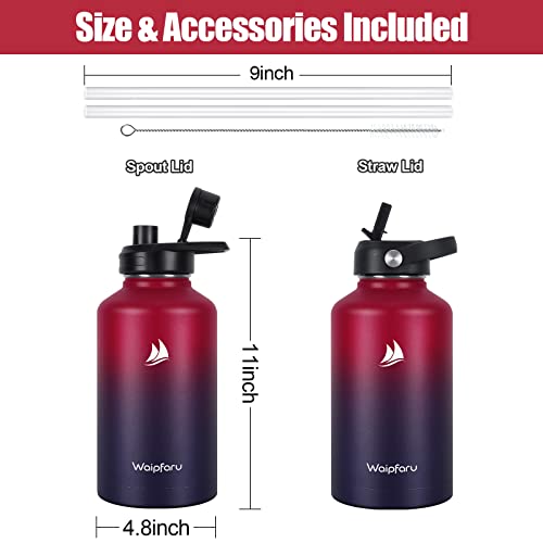 Waipfaru Half Gallon/64Oz Insulated Water Bottle, Stainless Steel Big Water Bottle with Straw, Double Wall Vacuum Wide Mouth Sports Water Jug Leakproof Carrying Pouch for Sports Gym Travel, Red Purple