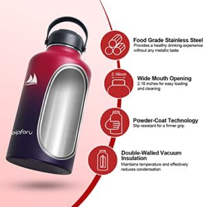 Waipfaru Half Gallon/64Oz Insulated Water Bottle, Stainless Steel Big Water Bottle with Straw, Double Wall Vacuum Wide Mouth Sports Water Jug Leakproof Carrying Pouch for Sports Gym Travel, Red Purple