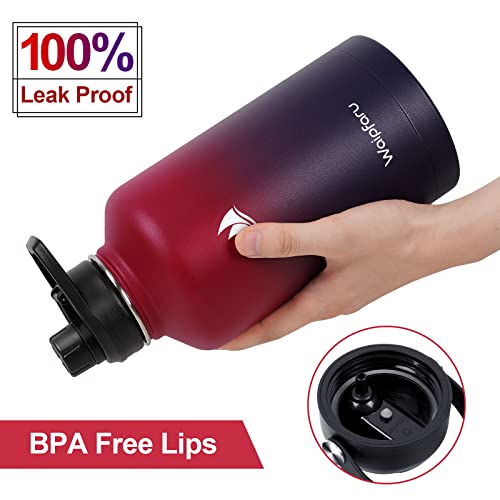 Waipfaru Half Gallon/64Oz Insulated Water Bottle, Stainless Steel Big Water Bottle with Straw, Double Wall Vacuum Wide Mouth Sports Water Jug Leakproof Carrying Pouch for Sports Gym Travel, Red Purple