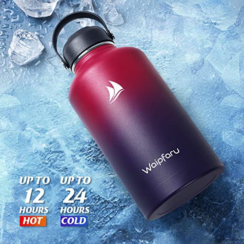 Waipfaru Half Gallon/64Oz Insulated Water Bottle, Stainless Steel Big Water Bottle with Straw, Double Wall Vacuum Wide Mouth Sports Water Jug Leakproof Carrying Pouch for Sports Gym Travel, Red Purple