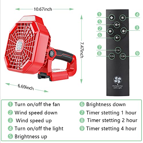 WaxPar For Milwaukee Fan Cordless Jobsite Fan, USB Floor Fan Tent Fan with Light Compatible with Milwaukee M18 Battery Camping Fan 14.4-20V Li-Ion Battery, Remote, 3 Wind/Brightness Modes, Timer