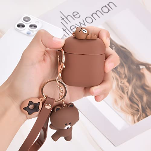 Cute AirPod Case with Bear Keychain Classic Matte Soft Silicone Protective Cover for Women and Girls Compatible with AirPods 2nd & 1st Generation Case