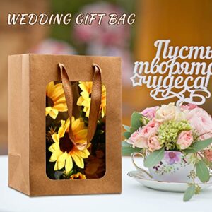 Yexiya 15 Pcs Paper Gift Bags with Clear Window, 7 x 5 x 10 Inch Kraft Paper Bags with Handles Transparent Flower Bouquet Bags for Present Bridal Shower Festivals Party (Kraft Color)