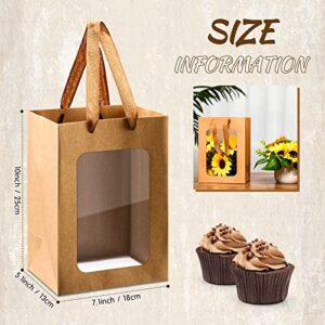 Yexiya 15 Pcs Paper Gift Bags with Clear Window, 7 x 5 x 10 Inch Kraft Paper Bags with Handles Transparent Flower Bouquet Bags for Present Bridal Shower Festivals Party (Kraft Color)