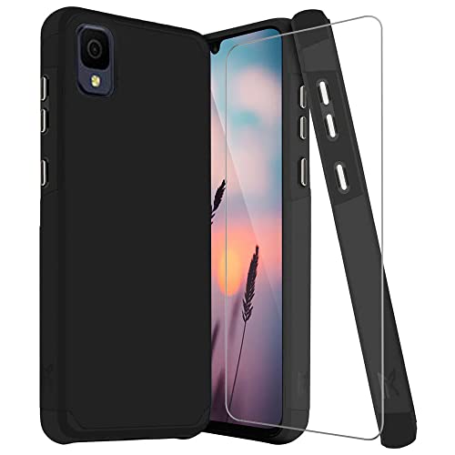 TJS for Alcatel TCL 30 Z T602DL Case, TCL 30 LE Case, with Tempered Glass Screen Protector, Dual Layer Hybrid Shockproof Drop Protection Impact Phone Case Cover for TCL 30Z / TCL 30LE (Black)