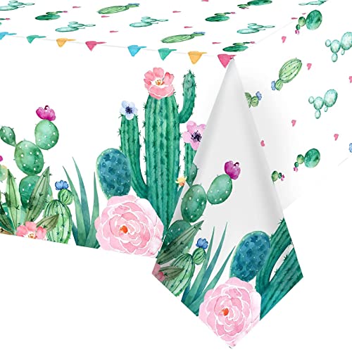 Breling 1 Piece Watercolor Cactus Tablecloth Plastic Waterproof Table Cover for Birthday Party Decorations Kitchen Dining Room Party Supply, 108 x 54 Inches, Floral