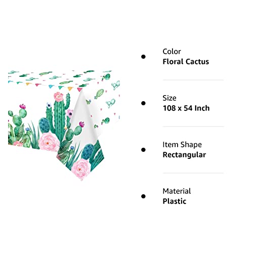 Breling 1 Piece Watercolor Cactus Tablecloth Plastic Waterproof Table Cover for Birthday Party Decorations Kitchen Dining Room Party Supply, 108 x 54 Inches, Floral