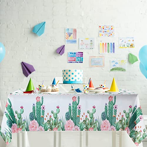 Breling 1 Piece Watercolor Cactus Tablecloth Plastic Waterproof Table Cover for Birthday Party Decorations Kitchen Dining Room Party Supply, 108 x 54 Inches, Floral