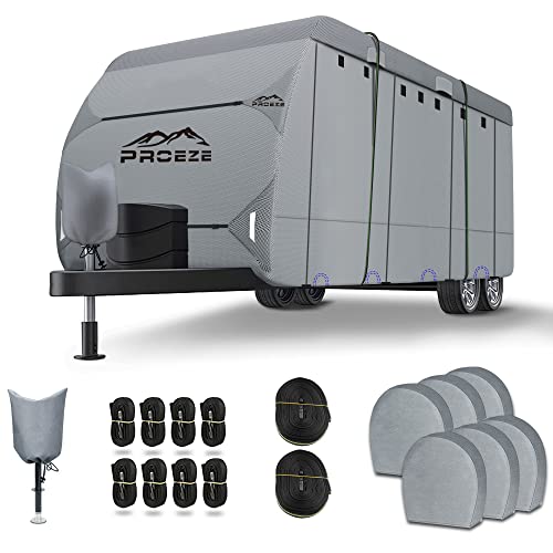 Travel Trailer Cover 2022 Upgraded 6 Layers Top RV Cover, Fits 20'-22' RV, Heavy Duty Windproof Anti-UV Camper Cover with RV Accessories,1 Tongue Jack Cover, 2 Extra Straps, 6 Gutter Covers