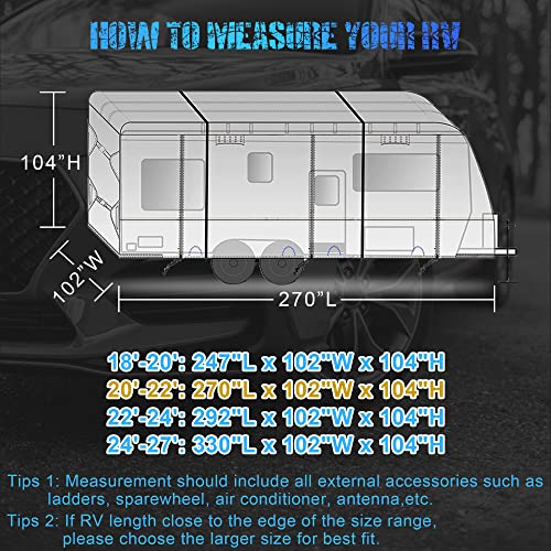 Travel Trailer Cover 2022 Upgraded 6 Layers Top RV Cover, Fits 20'-22' RV, Heavy Duty Windproof Anti-UV Camper Cover with RV Accessories,1 Tongue Jack Cover, 2 Extra Straps, 6 Gutter Covers