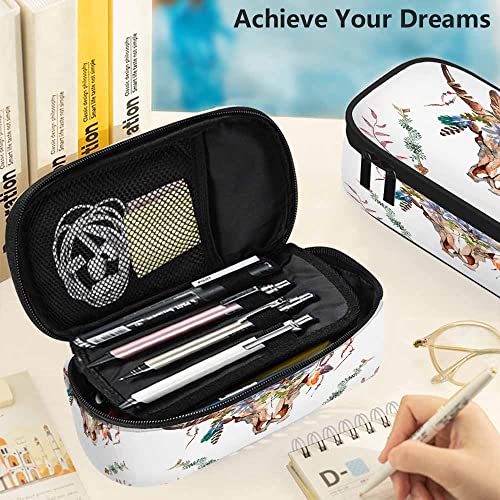 Yakuna Cow Skull Pencil Case Organizer Watercolor Bull Head Flowers Ribbon Feathers Plant Boho Style Pen Bag High Capacity for Office Women Adult Teen Gift