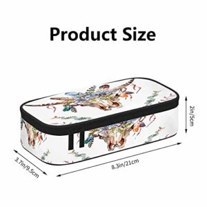 Yakuna Cow Skull Pencil Case Organizer Watercolor Bull Head Flowers Ribbon Feathers Plant Boho Style Pen Bag High Capacity for Office Women Adult Teen Gift