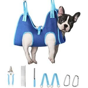 supet dog grooming hammock for dog and cat, relaxation pet grooming sling helper, breathable pet grooming hammock for nail trimming, ear/eye car with nail clippers/trimmers/scissors blue
