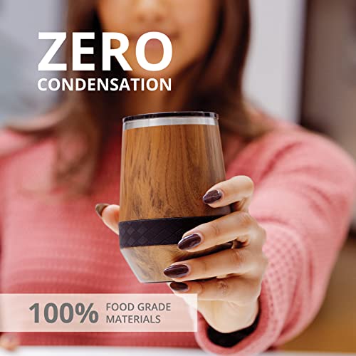 Elemental Wine Tumbler, 10oz Stainless Steel Wine Glasses, Vacuum Insulated Stemless Cup, Coffee Tumbler, Shatter-proof Sip Lid, Teak Wood