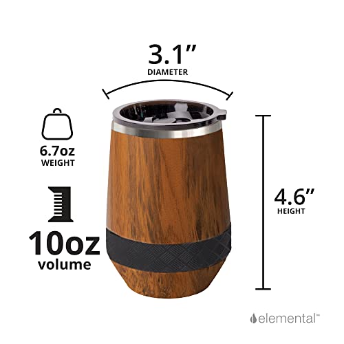 Elemental Wine Tumbler, 10oz Stainless Steel Wine Glasses, Vacuum Insulated Stemless Cup, Coffee Tumbler, Shatter-proof Sip Lid, Teak Wood