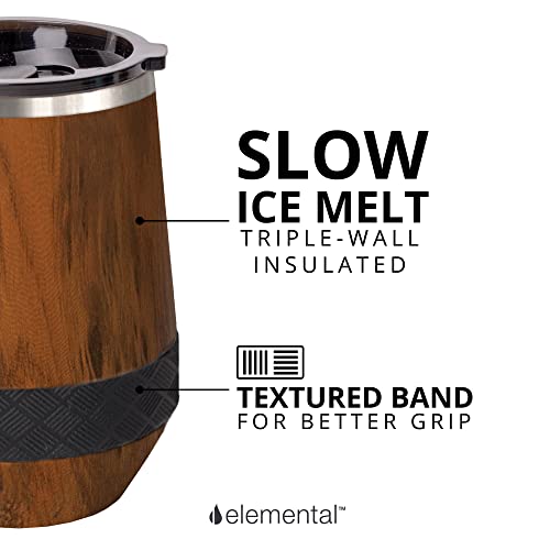 Elemental Wine Tumbler, 10oz Stainless Steel Wine Glasses, Vacuum Insulated Stemless Cup, Coffee Tumbler, Shatter-proof Sip Lid, Teak Wood