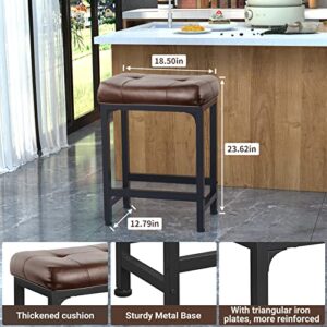 Aheaplus Bar Stools Set of 2, 24 Inch Counter-Height Stools Saddle Stool, PU Leather Barstools with Metal Base, Footrest, Industrial Stools for Dining Room Kitchen Island, Counter, Pub, Bar, Brown