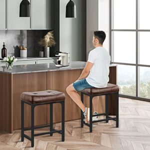 Aheaplus Bar Stools Set of 2, 24 Inch Counter-Height Stools Saddle Stool, PU Leather Barstools with Metal Base, Footrest, Industrial Stools for Dining Room Kitchen Island, Counter, Pub, Bar, Brown