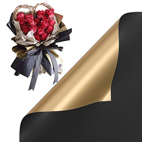 HYSSINOWRAP floral wrapping paper Double Sided Golden Flower Wrapping Paper Waterproof wrapping paper Bouquet wrapping paper DIY 20 Sheets 23.6X23.6 Inch (BLACK)