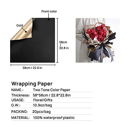 HYSSINOWRAP floral wrapping paper Double Sided Golden Flower Wrapping Paper Waterproof wrapping paper Bouquet wrapping paper DIY 20 Sheets 23.6X23.6 Inch (BLACK)