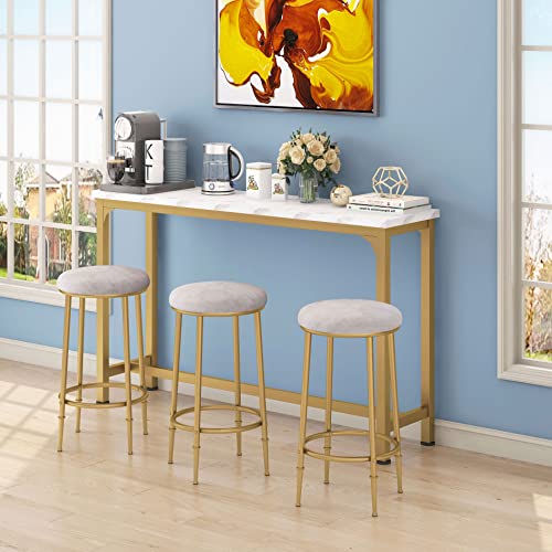 JOSMORE Gold Bar Table and Chairs Set, Marble Bar Table Set, Pub Height Table with Bar Stools, Modern Dining Table Sets for Kitchen and Living Room