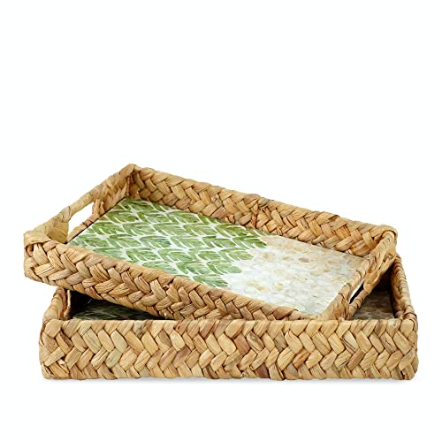 MadeTerra Rectangular Seagrass Tray with Mother of Pearl Inlay Wooden Base Insert Handle, Decorative Nacre Serving Basket for Food, Coffee Table Decor, Decoration, Storage and Display (Set of 2)