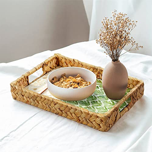 MadeTerra Rectangular Seagrass Tray with Mother of Pearl Inlay Wooden Base Insert Handle, Decorative Nacre Serving Basket for Food, Coffee Table Decor, Decoration, Storage and Display (Set of 2)