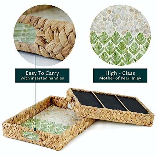 MadeTerra Rectangular Seagrass Tray with Mother of Pearl Inlay Wooden Base Insert Handle, Decorative Nacre Serving Basket for Food, Coffee Table Decor, Decoration, Storage and Display (Set of 2)