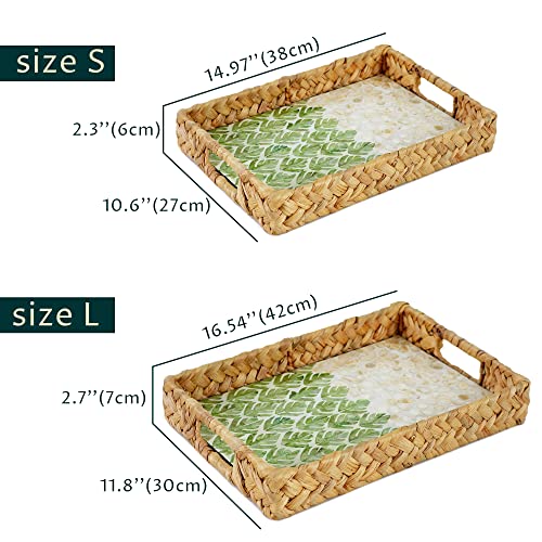 MadeTerra Rectangular Seagrass Tray with Mother of Pearl Inlay Wooden Base Insert Handle, Decorative Nacre Serving Basket for Food, Coffee Table Decor, Decoration, Storage and Display (Set of 2)