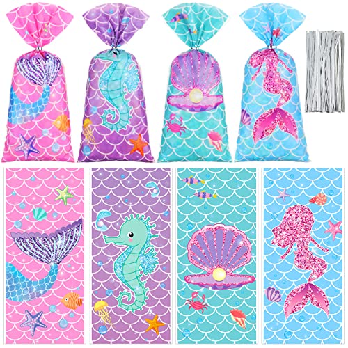 Hotop 100 PCS Mermaid Cellophane Bags Mermaid Gift Treat Bags Mermaid Goodie Candy Bags 150 Ties Mermaid Party Favor Bags Birthday Party Decorations Supplies Mermaid Theme Baby Shower Party Serves