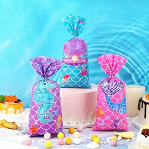 Hotop 100 PCS Mermaid Cellophane Bags Mermaid Gift Treat Bags Mermaid Goodie Candy Bags 150 Ties Mermaid Party Favor Bags Birthday Party Decorations Supplies Mermaid Theme Baby Shower Party Serves