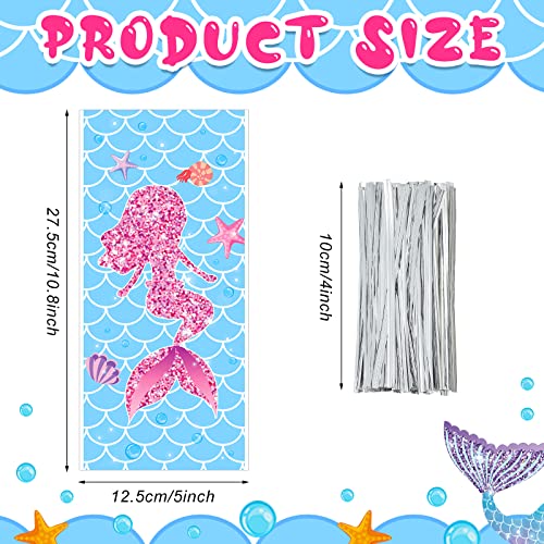 Hotop 100 PCS Mermaid Cellophane Bags Mermaid Gift Treat Bags Mermaid Goodie Candy Bags 150 Ties Mermaid Party Favor Bags Birthday Party Decorations Supplies Mermaid Theme Baby Shower Party Serves