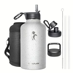 half gallon water bottle insulated with straw&3 lids, coolflask 64 oz water jug galaxy large metal stainless steel flask for gym, sports and office, keep cold 48h hot 24h, arctic white