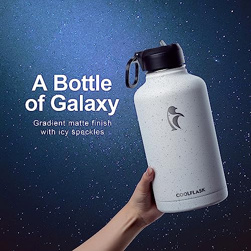 Half Gallon Water Bottle Insulated with Straw&3 Lids, Coolflask 64 oz Water Jug Galaxy Large Metal Stainless Steel flask for Gym, Sports and Office, Keep Cold 48H Hot 24H, Arctic White