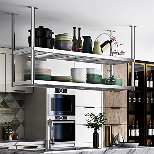 DSVONAUS Ceiling Storage Shelf, 2 Layer Stainless Steel Ceiling Mount Shelf, Hanging Floating Shelves, Organizer Rack for Restaurant Kitchen Bar Cafe Shelf, Easy to Install - 6 Sizes (120×35×80cm)