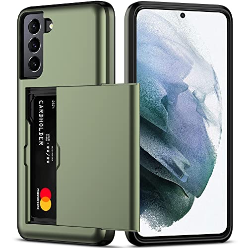 Nvollnoe for Samsung S21 Case with Card Holder 5G 6.2 inch Dual Layer Heavy Duty Protective Galaxy S21 Case Hidden Card Slot Slim Wallet Case for Samsung S21(Green)