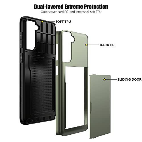 Nvollnoe for Samsung S21 Case with Card Holder 5G 6.2 inch Dual Layer Heavy Duty Protective Galaxy S21 Case Hidden Card Slot Slim Wallet Case for Samsung S21(Green)