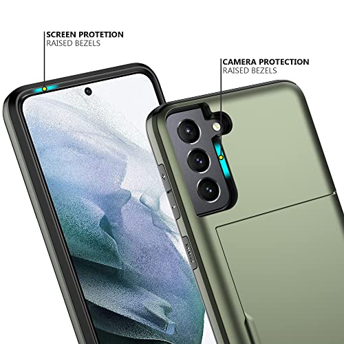 Nvollnoe for Samsung S21 Case with Card Holder 5G 6.2 inch Dual Layer Heavy Duty Protective Galaxy S21 Case Hidden Card Slot Slim Wallet Case for Samsung S21(Green)