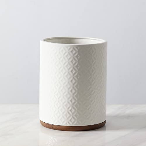 Motifeur Bathroom Wastebasket - Ceramic Decorative Trash Can with Wooden Base (White and Beige)…