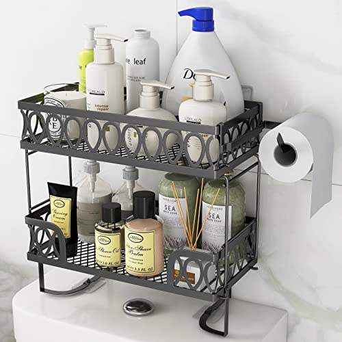 CAEKAIGTA Over The Toilet Storage Shelf, Bathroom Over Toilet Storage Shelf, 2 Tier Above Toilet Storage with Toilet Paper Holder, No Drilling with Wall Mounting Design, Space Saver (Black)