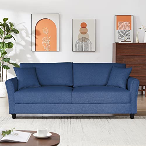 mikibama Linen Fabric Sofa 85 Inches Mid-Century Modern Couch 3 Seater Sofa with 2 Throw Pillows Upholstered Sofa with Rolled Armrest for Living Room, Apartment, Bedroom (Dark Blue)